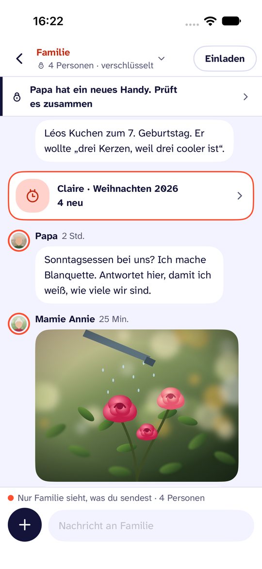 Bildschirmfoto von Noo. Ein Familienkreis. Seine Farbe markiert, was nur dieser Kreis sehen kann.