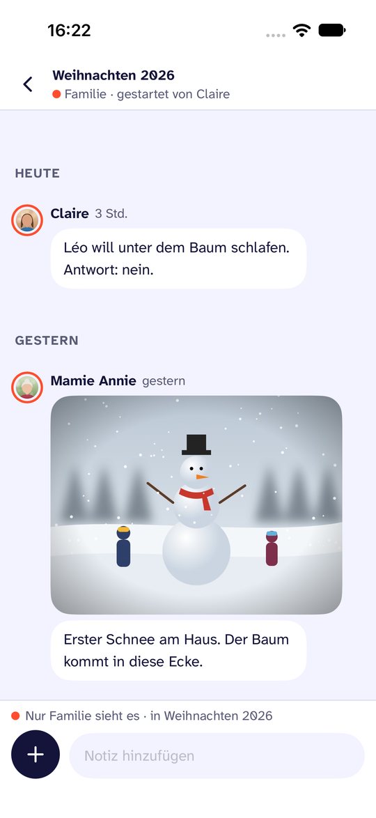 Bildschirmfoto von Noo. Ein Erlebnis: Weihnachten, eine Reise oder ein Umzug, mit eigenem Platz, abseits vom Chat.