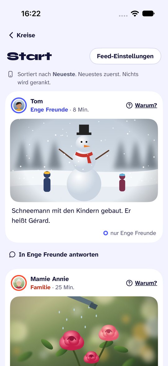 Bildschirmfoto von Noo. Start: alles Neue, sortiert nach deiner Regel.