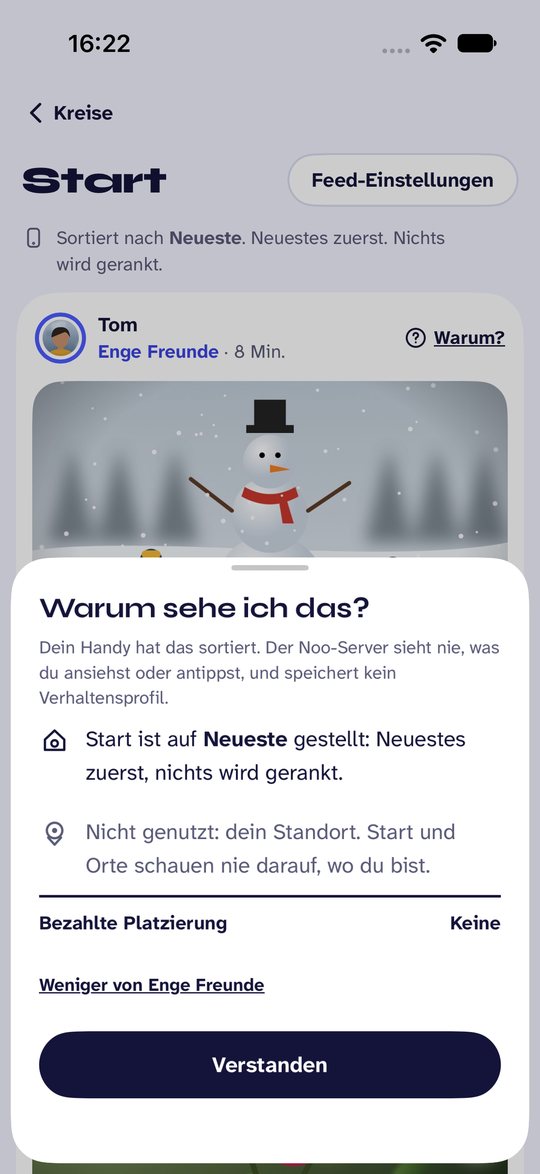 Bildschirmfoto von Noo. Tipp bei einem Beitrag auf „Warum?“, um zu sehen, warum er da ist.