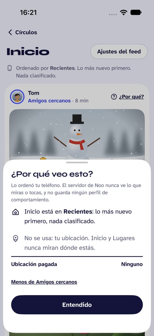 Captura de pantalla de Noo. Toca «¿Por qué?» en cualquier mensaje para saber por qué está ahí.