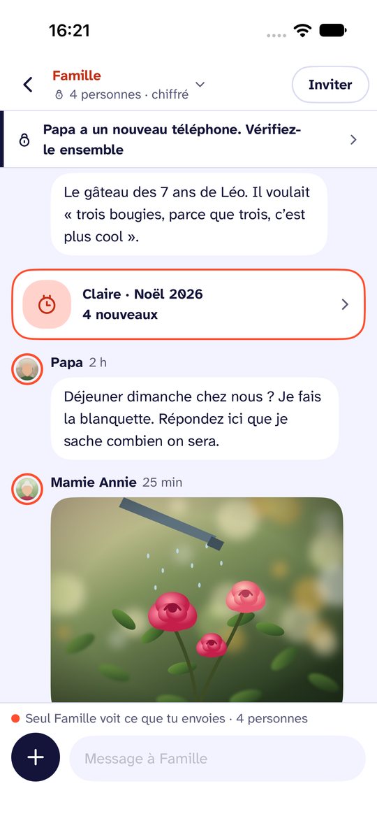 Capture d’écran de Noo. Le cercle Famille. Sa couleur signale tout ce que lui seul peut voir.