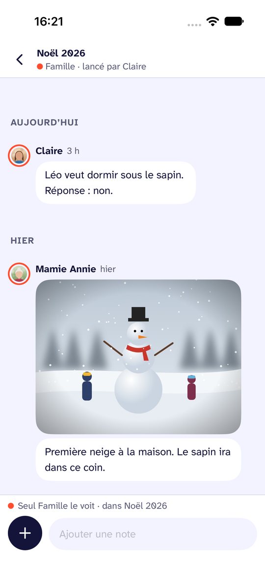 Capture d’écran de Noo. Une expérience : Noël, un voyage ou un déménagement, à l’écart de la discussion.