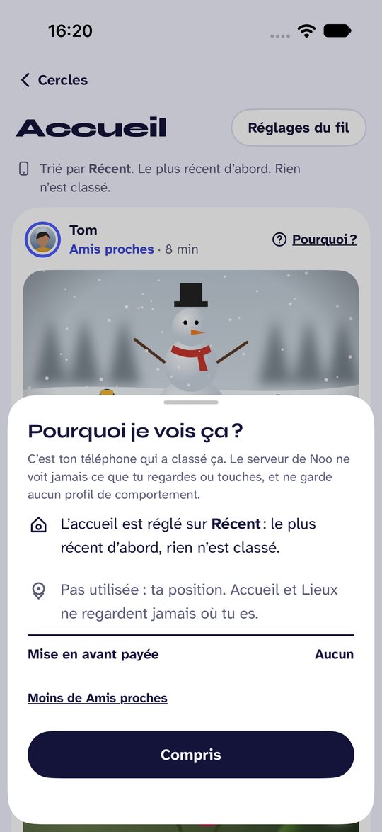 Capture d’écran de Noo. Touche « Pourquoi ? » sur n’importe quel message pour savoir ce qu’il fait là.