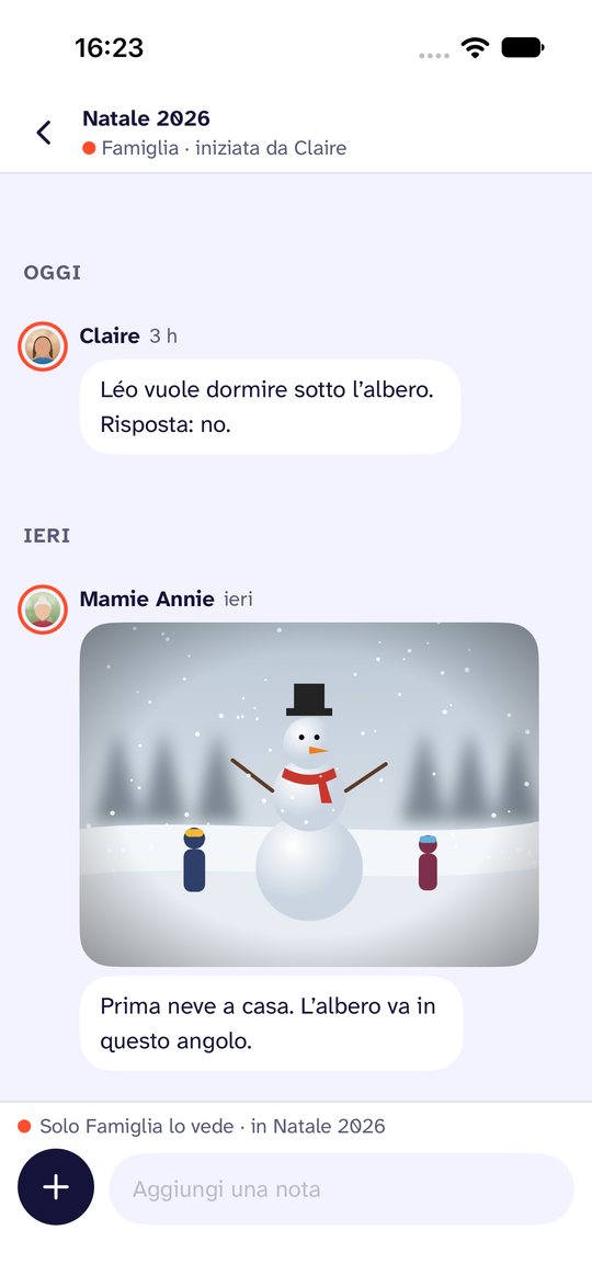 Schermata di Noo. Un’esperienza: il Natale, un viaggio o un trasloco, in uno spazio tutto suo, lontano dalla chat.