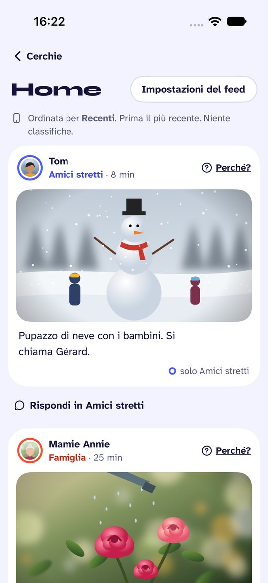 Schermata di Noo. La Home: tutte le novità, ordinate con la tua regola.