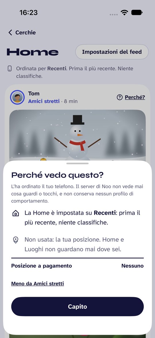 Schermata di Noo. Tocca «Perché?» su un messaggio per sapere perché è lì.